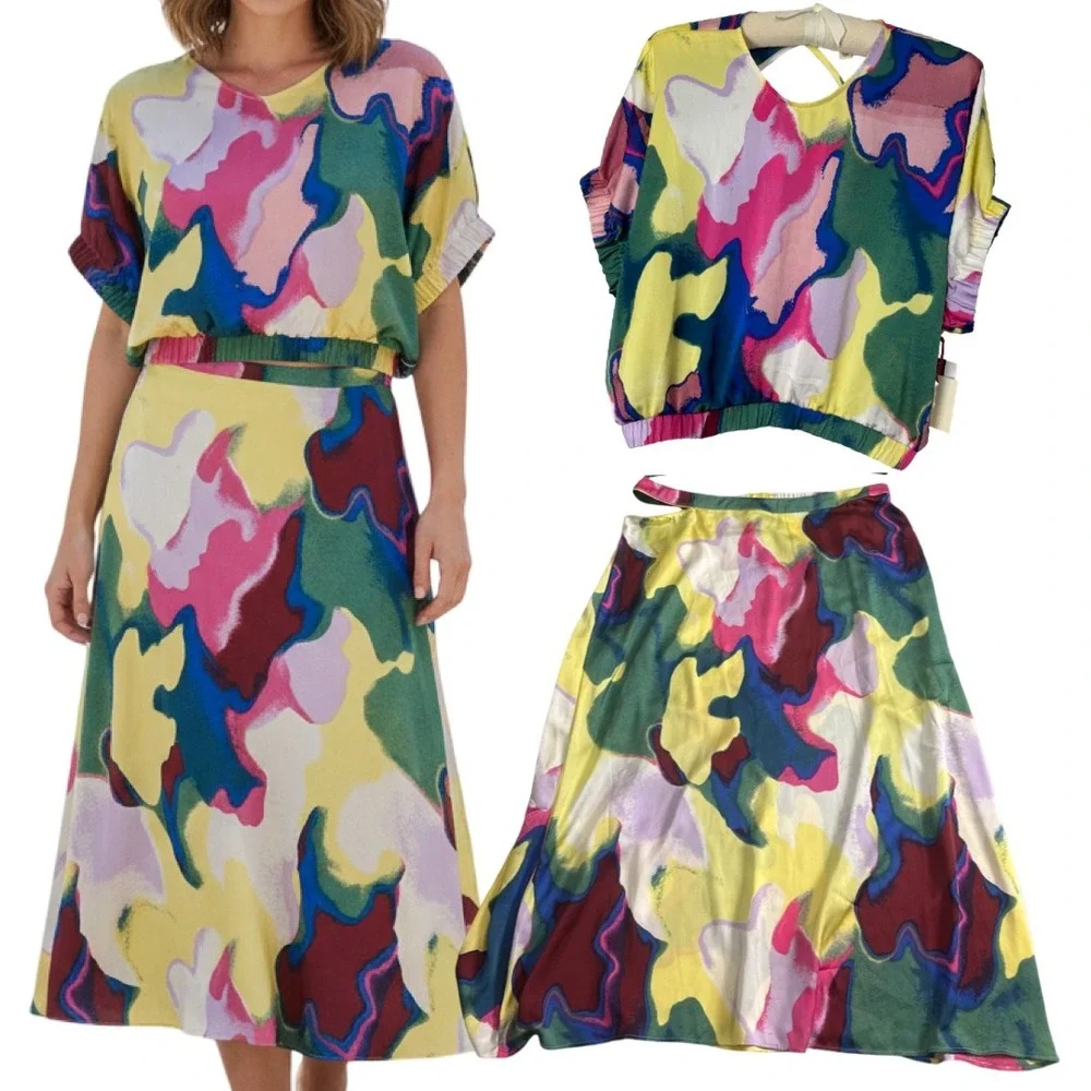 Open Edit Cutout Waist Yellow Color Fusion 2 Piece Set‎ Top and Midi Skirt Sz 1X